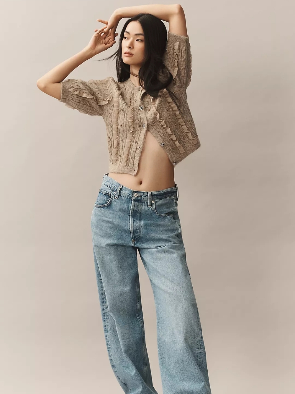Anthropologie Maeve Short-Sleeve Embellished Ruffled Cardigan Sweater